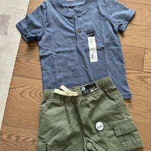 okie dokie Slate Blue Henley Tee & Olive Cargo Shorts Set